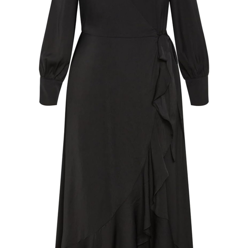 Elegant Black Matte Satin Flowing Ruffle Hem Balloon Sleeve True Wrap Dress - Picture 5 of 8